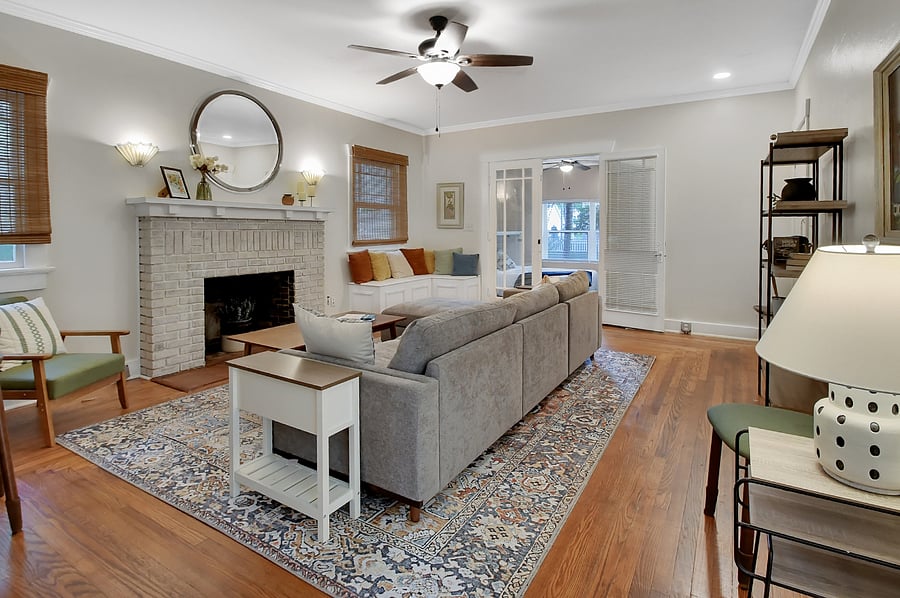 Living room with historic hardwood floors and fire place