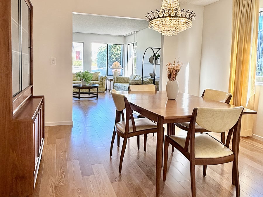 Formal dining room with authentic MCM furnishings.