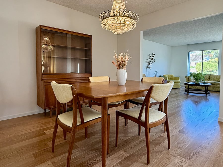 Formal dining table expands to seat a large group.