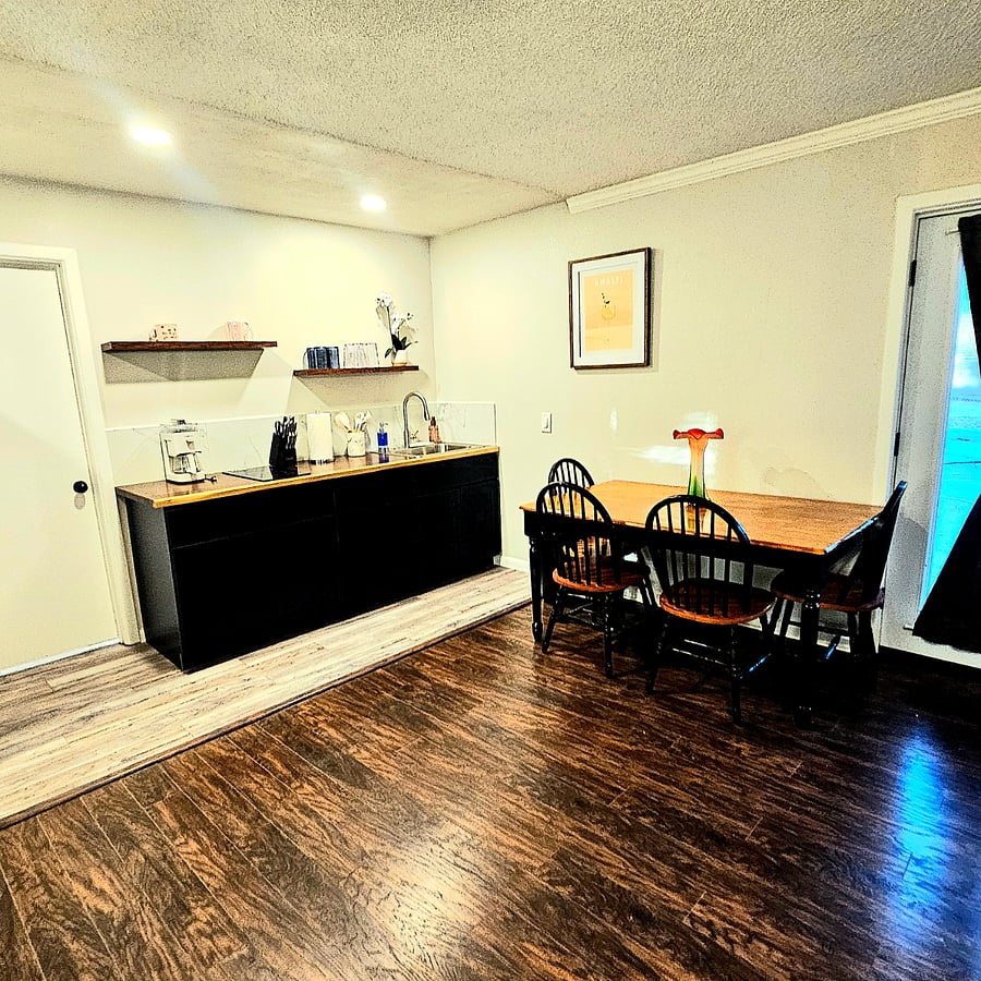 Fully stocked Kitchenette with Electic stovetop and Full sized Refrigerator