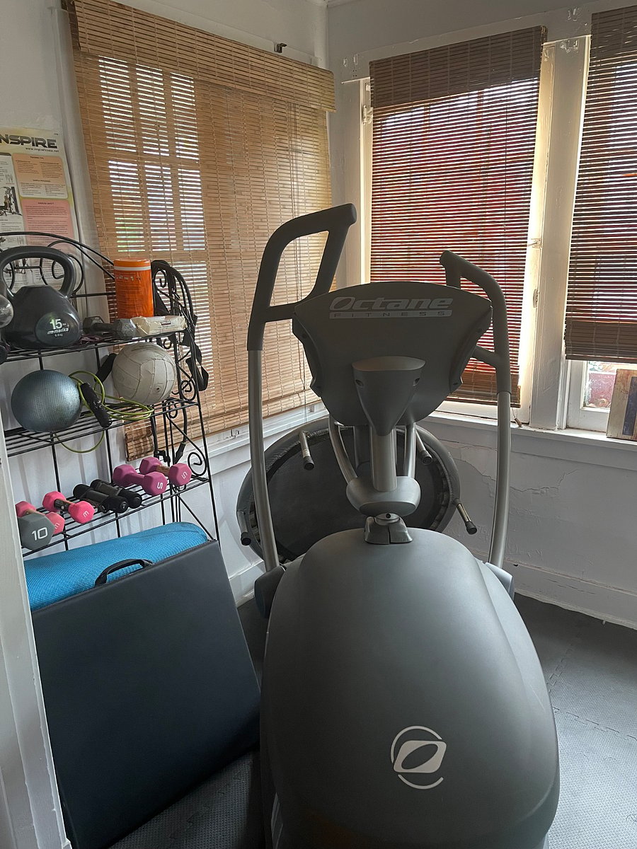 Fully suited Mini gym and sunroom with weights, elliptical machine, state of the art treadmill and a variety of fitness tools