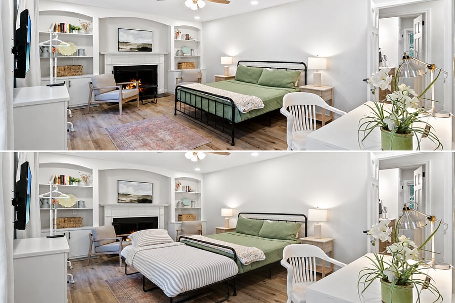 Bedroom #1 on Main Floor - King Bed - Dresser - TV - Memory Foam Mattress - Desk - Sitting Area - Nightstiands - Lamps - Ceiling Fan.  Flames are shown in the fireplace but we do not allow fires in the fireplace.  Room for a twin bed (upon request).