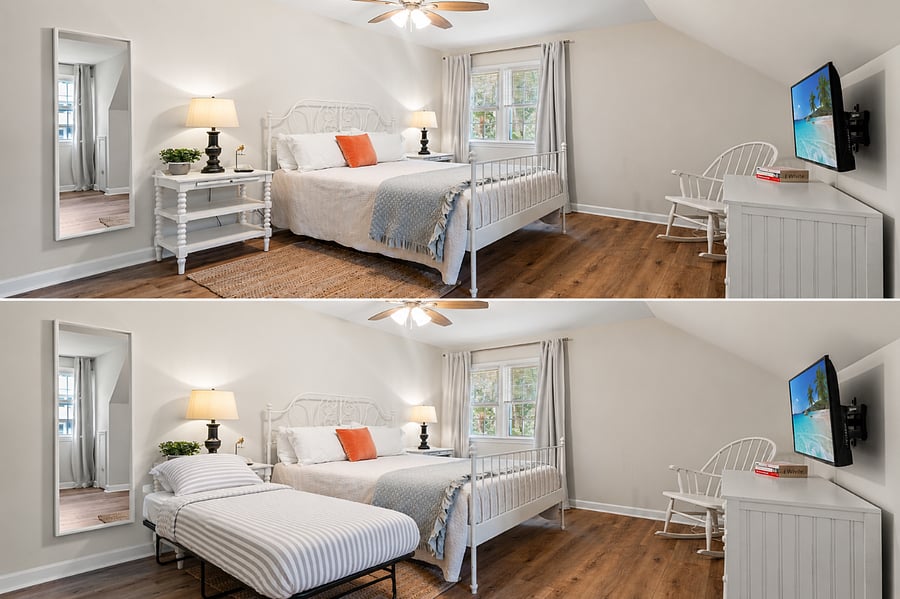 Bedroom #4 Upstairs - Queen Bed - Dresser - TV - Memory Foam Mattress - Nightstiands - Lamps - Ceiling Fan - Closet - Room for a twin bed (upon request).