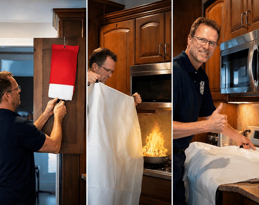 Fire Blankets are hung near the kitchen on the W/D Closet Door and Upstairs on Hallway Closet Door.
There is a fire extinquisher too.