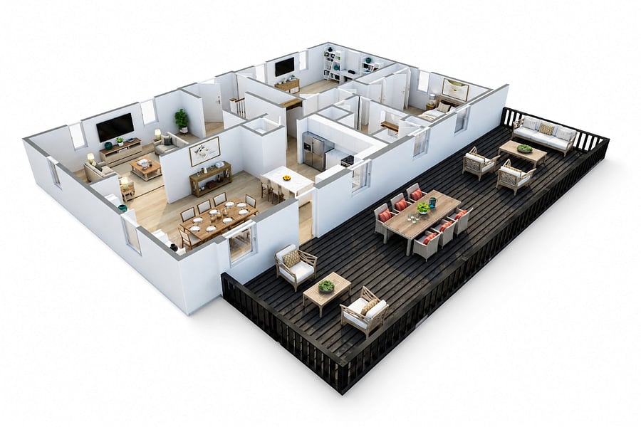 3D Floorplan of Main Floor showing 560sft Screen Porch.