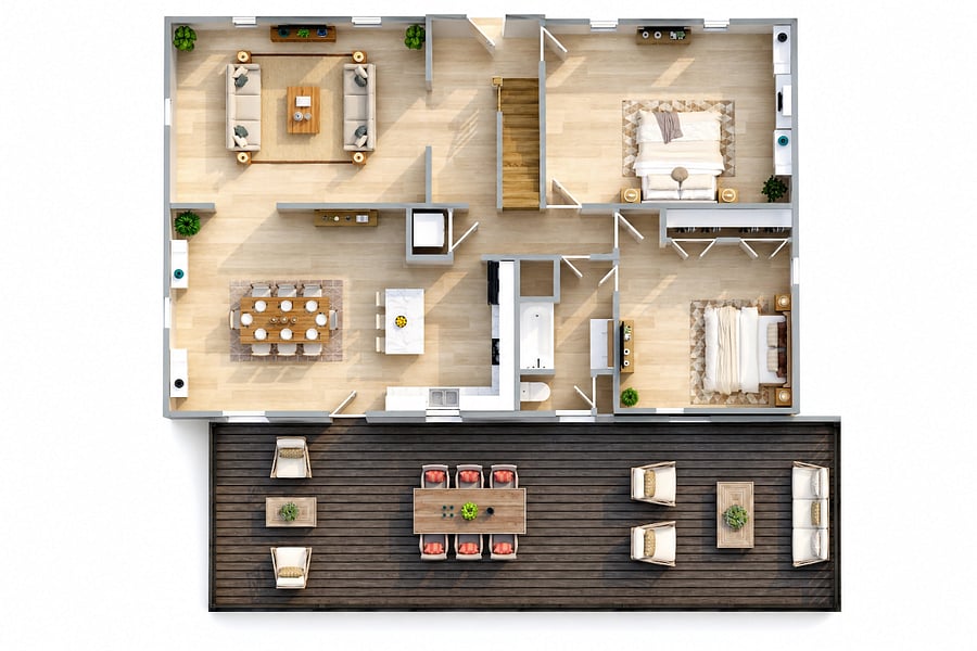 3D Floorplan of Main Floor showing 560sft Screen Porch.