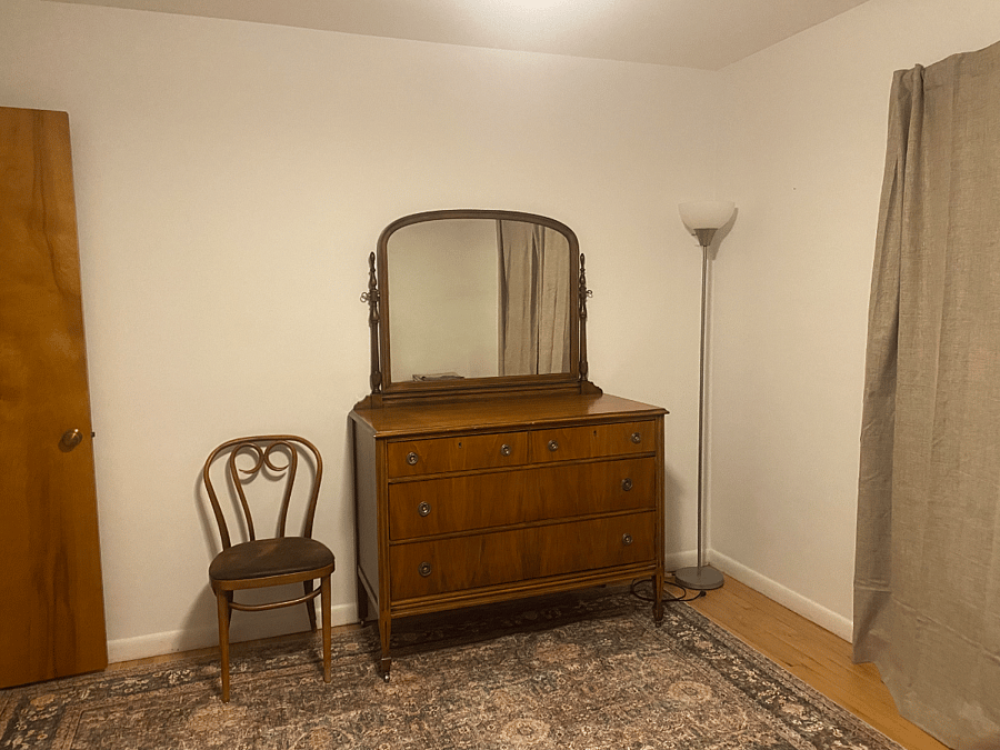 Master bedroom dresser. Bed is on its way! Hardwood floors. Blackout curtains.