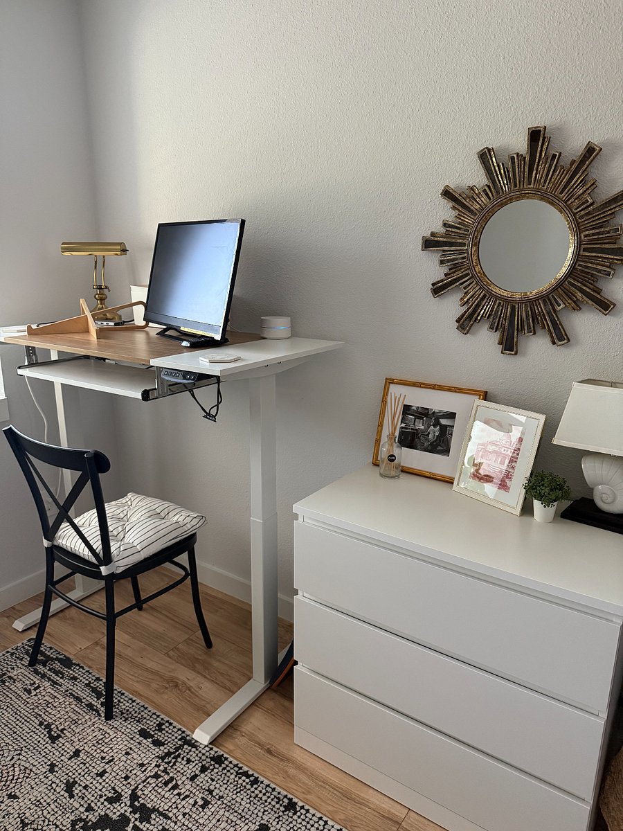 Standing desk can be electronically adjusted higher or lower just for you.