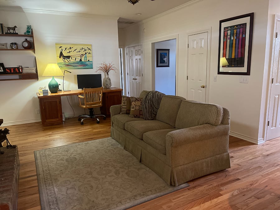 Fireplace room workstation and sitting area.