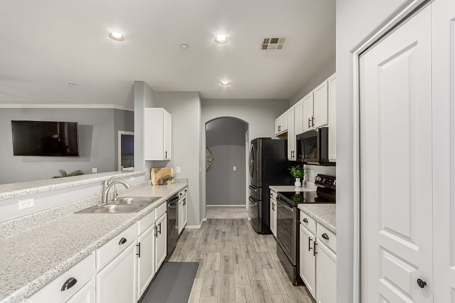 Full kitchen plus Keurig coffee maker, blender, and air fryer.