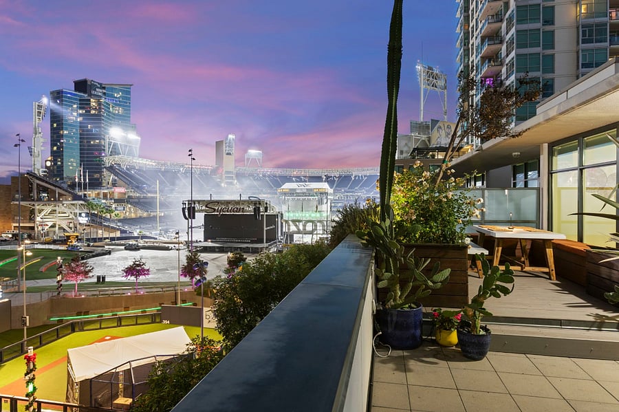 Roof deck overlooks Gallagher Square and Petco Park.