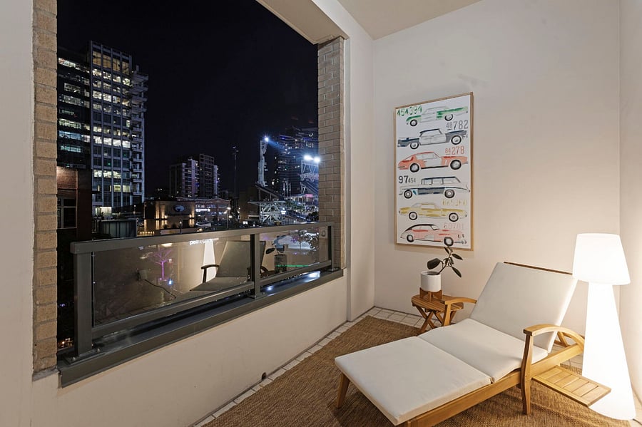 2nd floor guest bedroom private balcony, overlooks Gallagher Square.