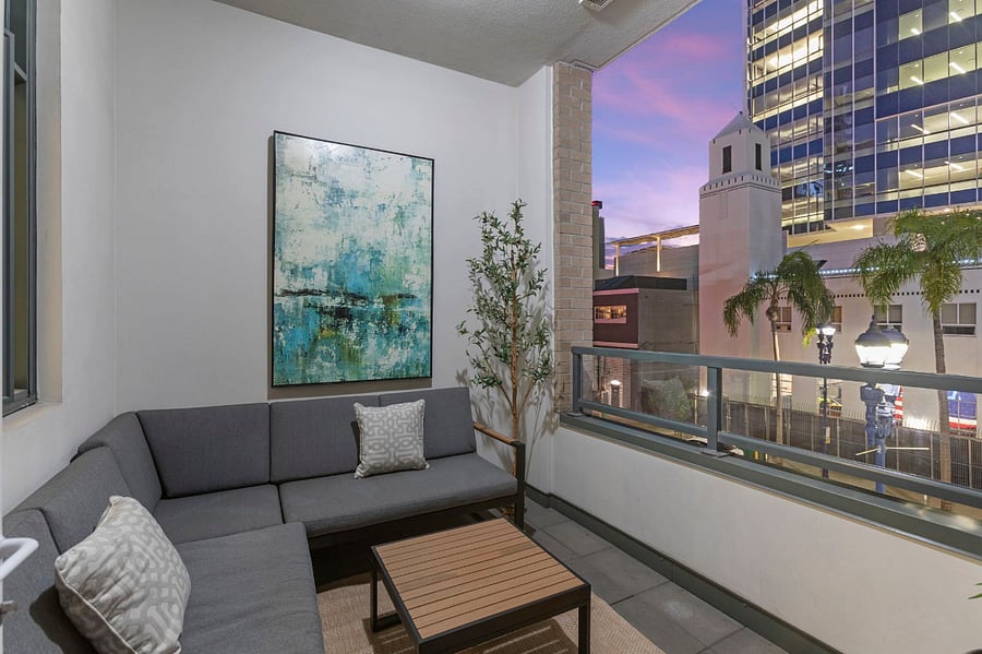 1st floor 2nd balcony, off the living room. Overlooks J St. bars and restaurants in the heart of Gaslamp District.