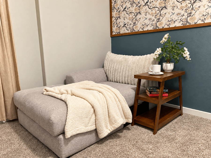 cozy chaise lounge in your separate living space-a comfortable spot to read,relax or unwind after work