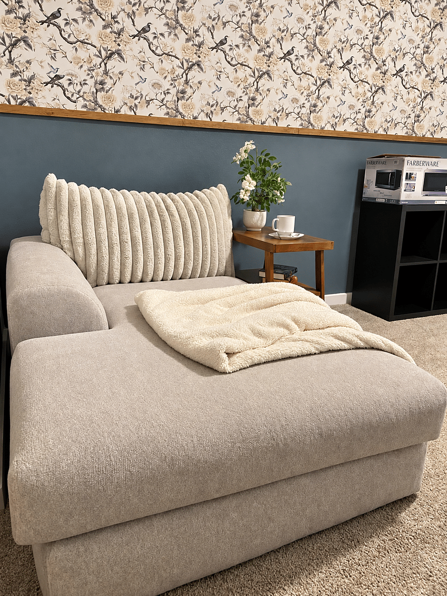 cozy lounge area with an oversized chaise-perfect for relaxing,reading or unwinding after a long day