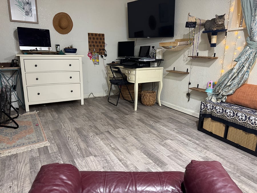 Desk and TV area. Dresser for added storage