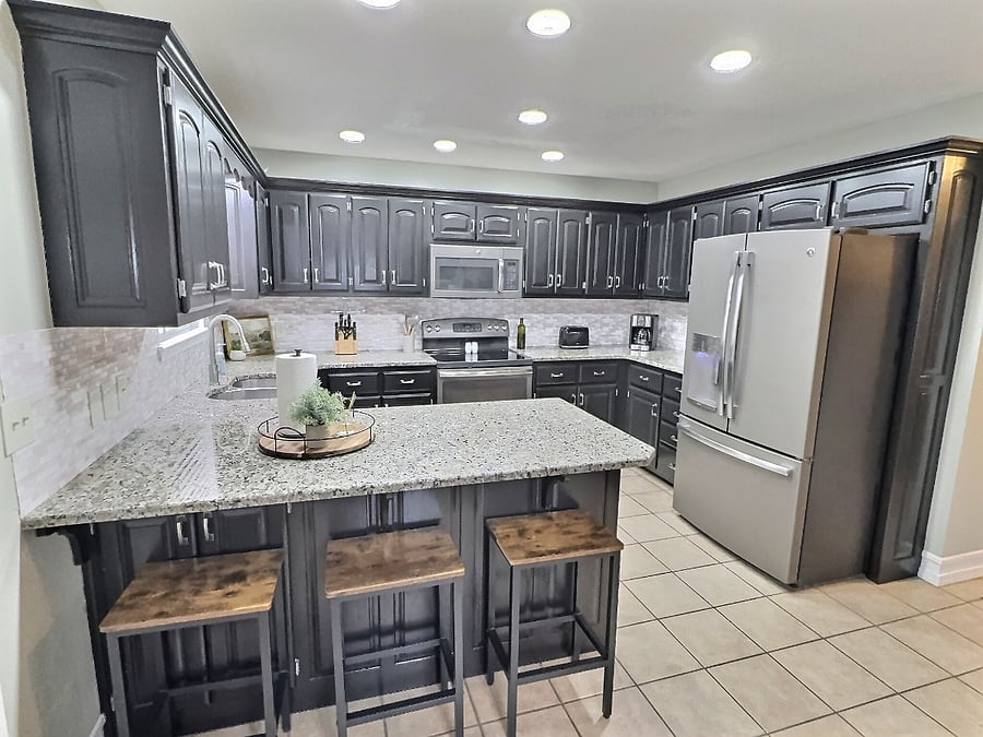 Large kitchen, fully equipped with everything needed including coffee machine, hot water maker, toaster, blender, cookware and everything needs to cook your favorite meals!