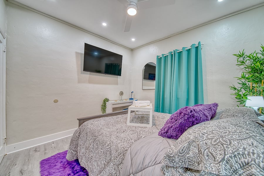 Smart TV, Ceiling Fan, Dark Shades - Room 1