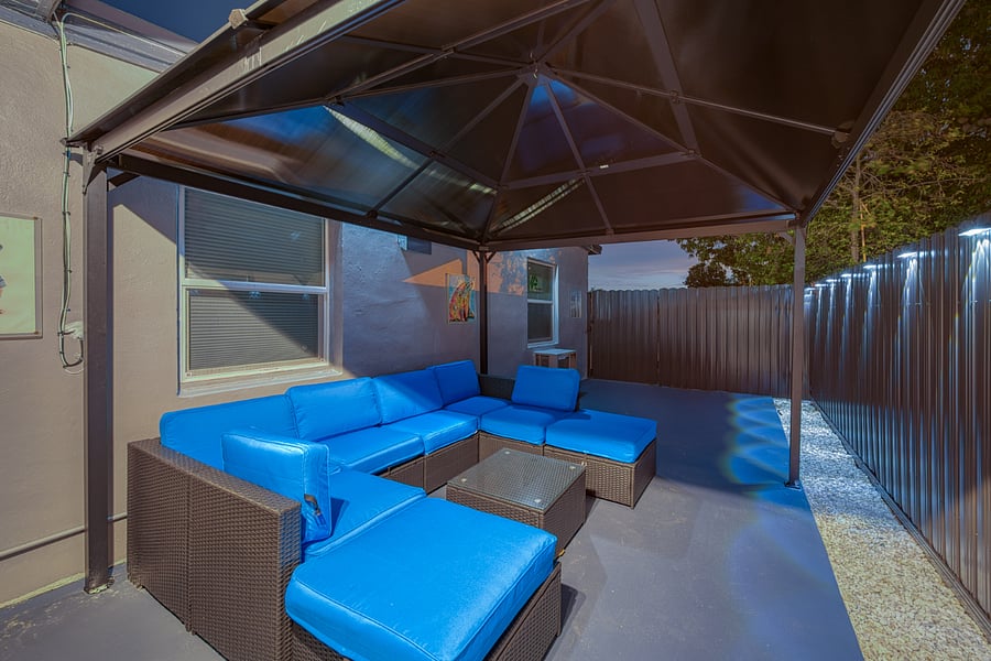 Private Patio with Gazebo & Outdoor Furniture Night View