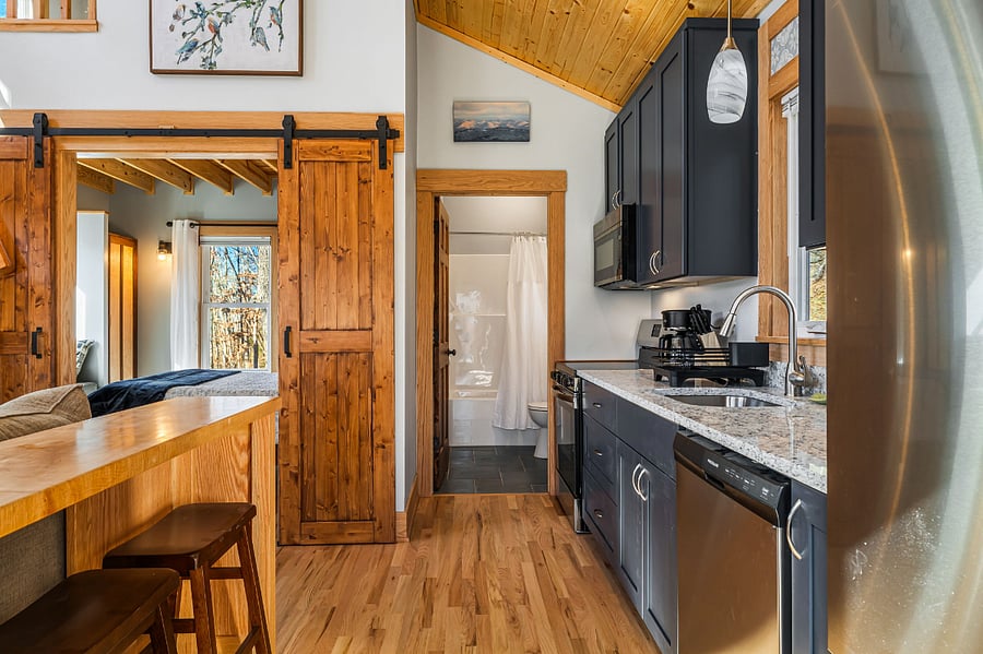 Galley kitchen and bathroom, viewed from front door