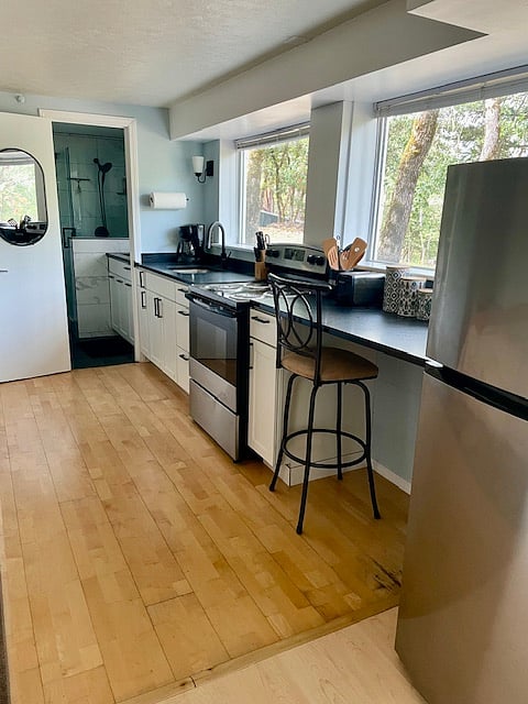 Full kitchen with full size oven and fridge