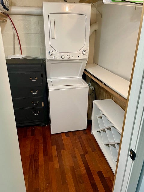 Walk-in closet and stackable washer and dryer