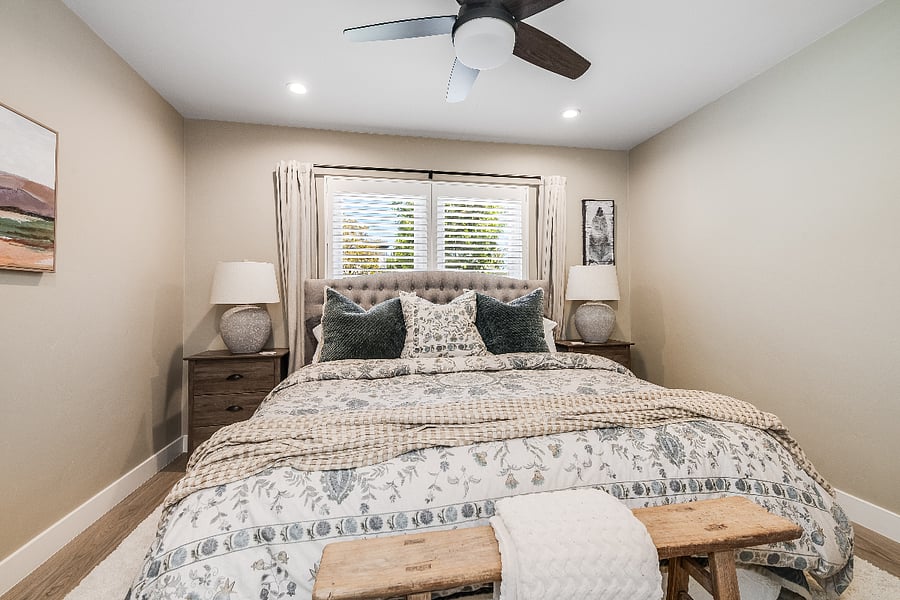 King bedded bedroom towards front of the house.