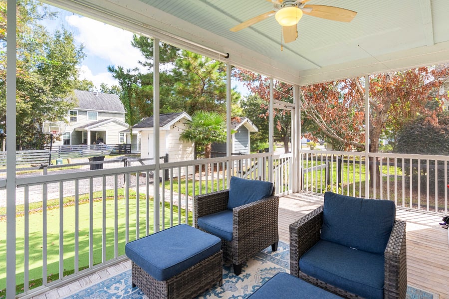 Screened porch seating area