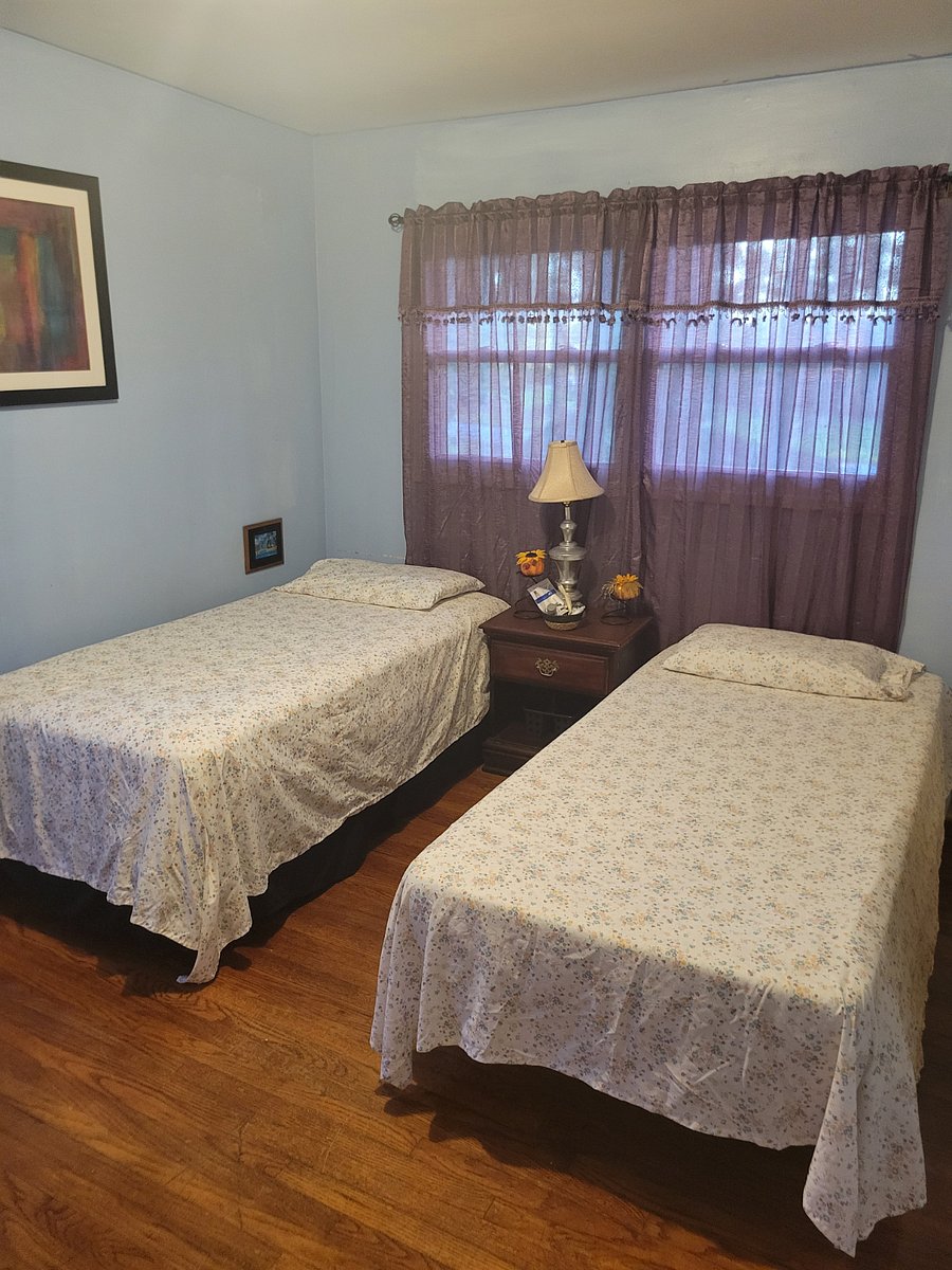 2 single beds. You and a friend for 1 night can share. Or 2 siblings. Large sectional for the whole family
