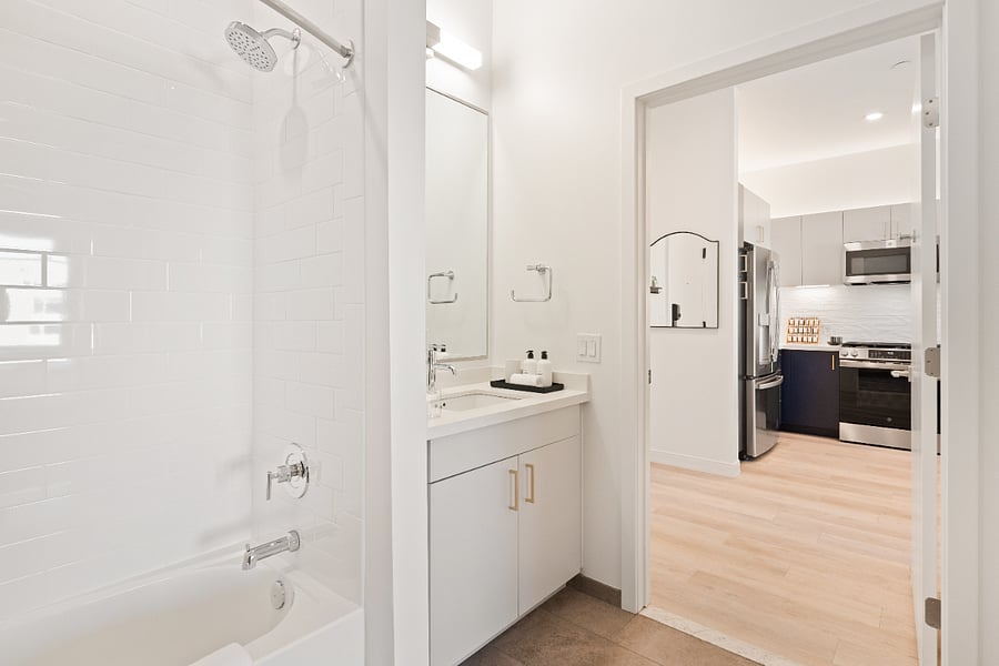 Enjoy a calming bathroom oasis designed for both style and comfort.
A soothing escape from the bustle of travel.