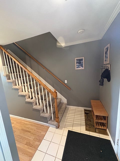 entryway. stairs to upper level. hallway to dining/kitchen (left)