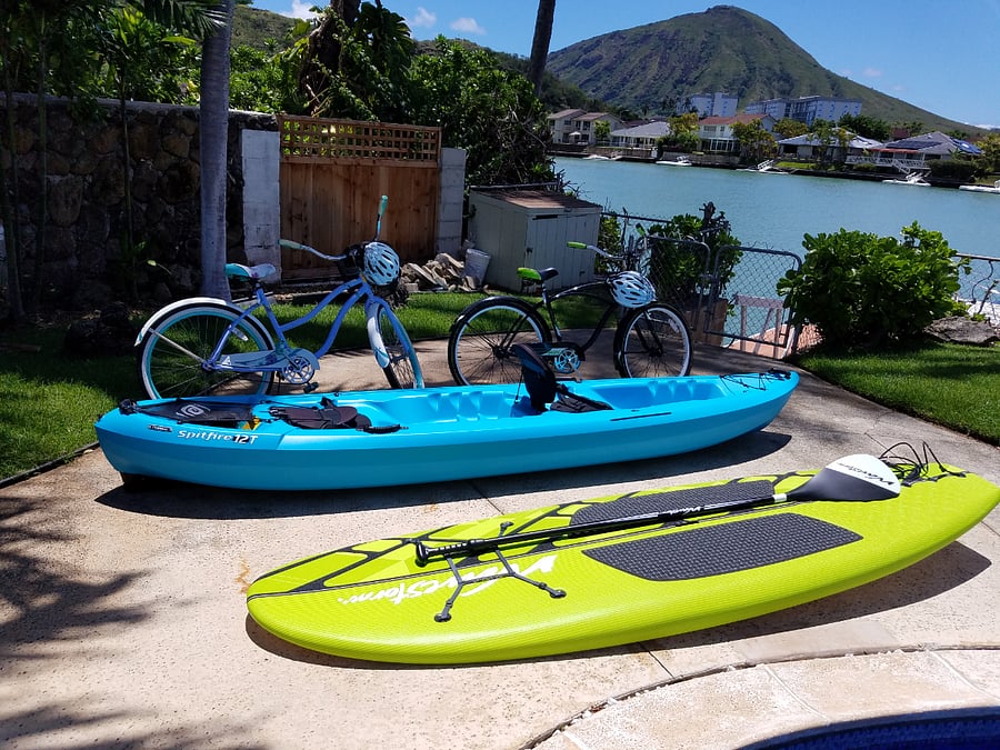 Bikes, Kayak and stand-up paddle board provided when available. Items may change from this picture and are not guaranteed. Request what you need to be happy.