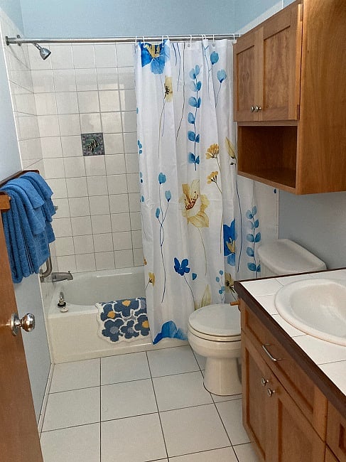 Main bathroom that is behind the kitchen.