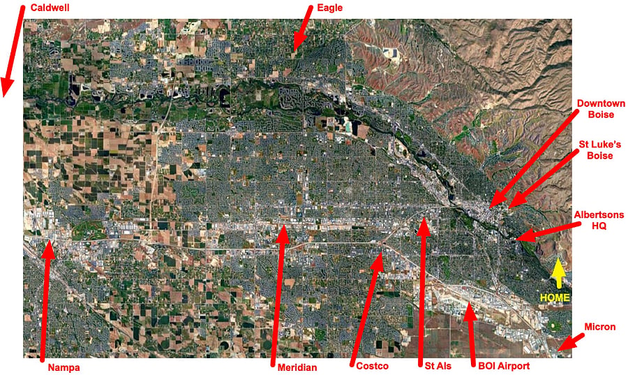 Ideally located on Boise's desirable east side, the home offers quick access to the city's leading employers, hospitals, downtown, and airportwhile avoiding many of the longer cross-valley commutes common from western communities.
St. Luke's Boise  8 min
Downtown Boise  10 min
Boise Airport  15 min
Micron  15 min
St. Alphonsus  15 min
Albertsons HQ  10 min
Ridge to Rivers Trails  2 min
Boise Greenbelt  5 min