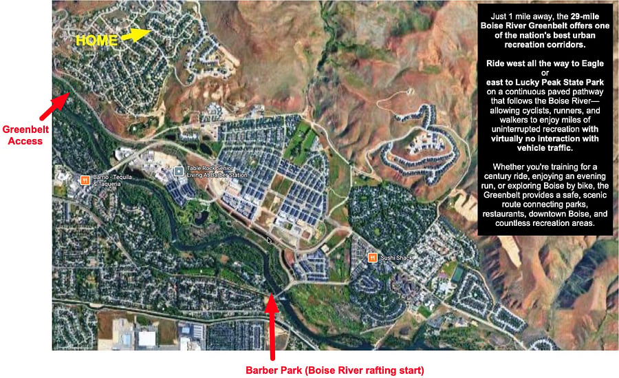 Just 1 mile away, the 29-mile Boise River Greenbelt offers one of the nation's premier urban recreation corridors. Ride west to Eagle or east to Lucky Peak State Park on a scenic paved pathway that follows the Boise River, connecting parks, downtown Boise, restaurants, and countless outdoor destinations - all with minimal interaction with vehicle traffic.