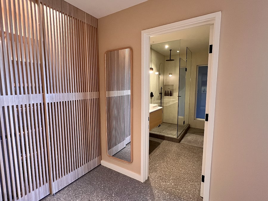 Brand new bathroom with two sinks and large hotel style shower with rainshower and handshower