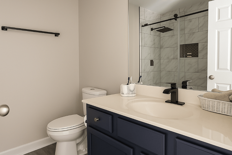Modern design with sleek tile, ample counter space, and built-in storage.