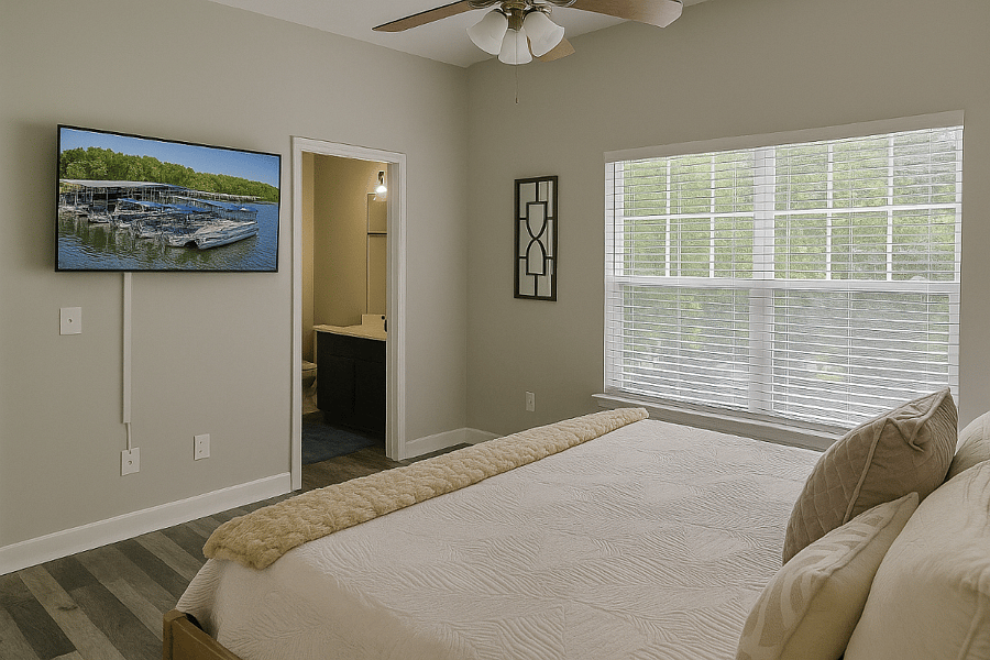 Soft lighting, calming tones, and plush bedding create a peaceful retreat.