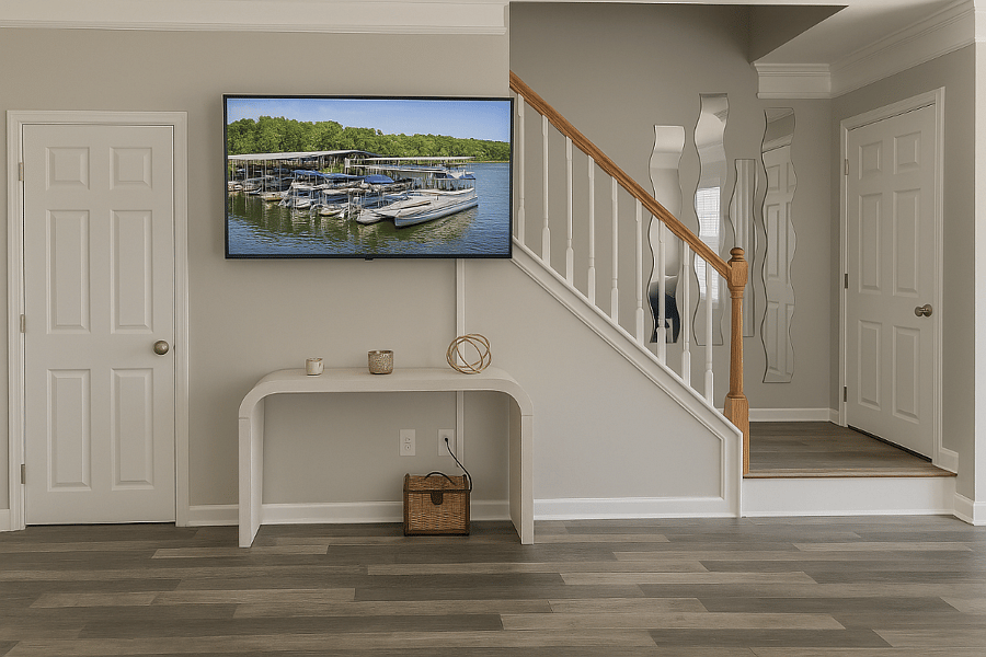 Unwind in the cozy, sun-filled living room with plush seating and a 55" Smart TV for movie nights.