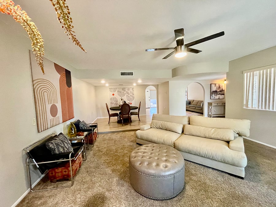 living room with dining room