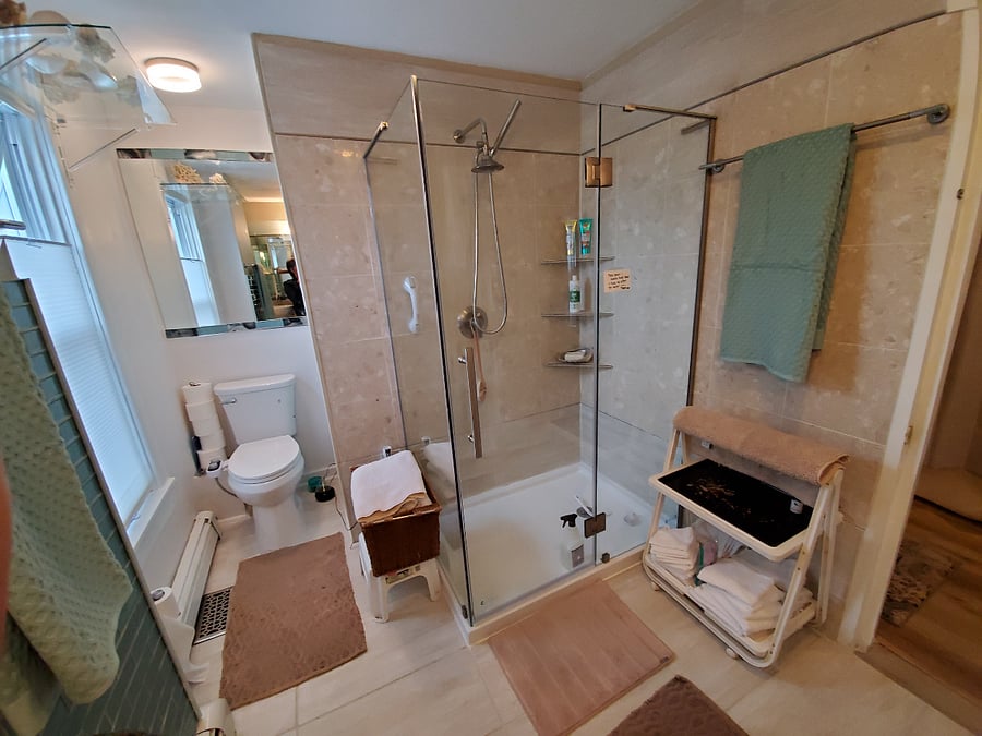 master bath, walk in shower, bidet, linens,