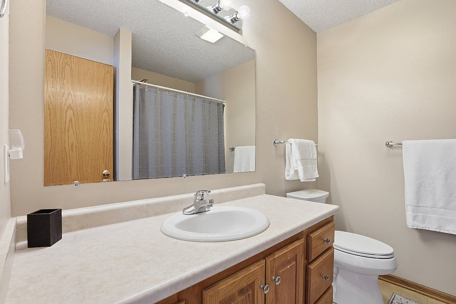 The master bathroom en suite is spacious with lots of storage, including a large closest with tons of storage space.