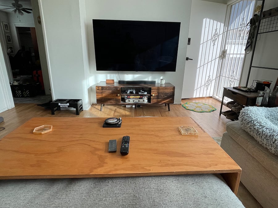 Entry and living room area - 65" LG OLED, handmade coffee table over ottoman