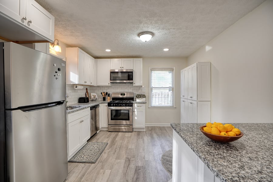 Kitchen with storage for extended stays.