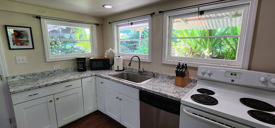 Kitchen is fully equipped. More appliances in cabinets.