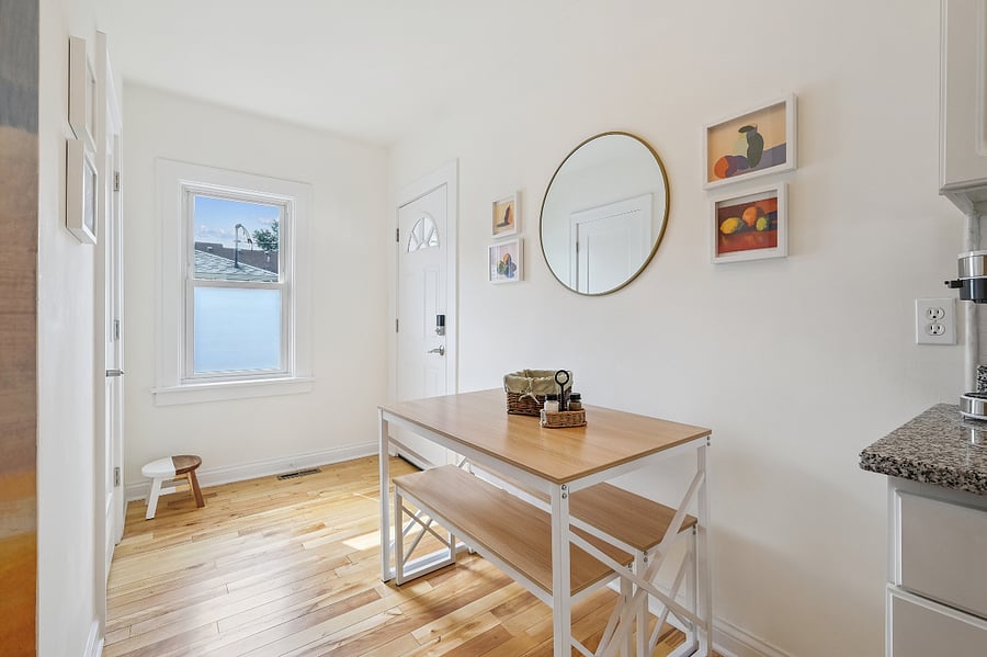 Table and benches that can be easily maneuvered for comfortable dining.