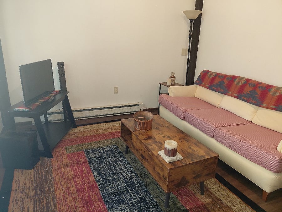 Living room, 33 inch TV and sound system.