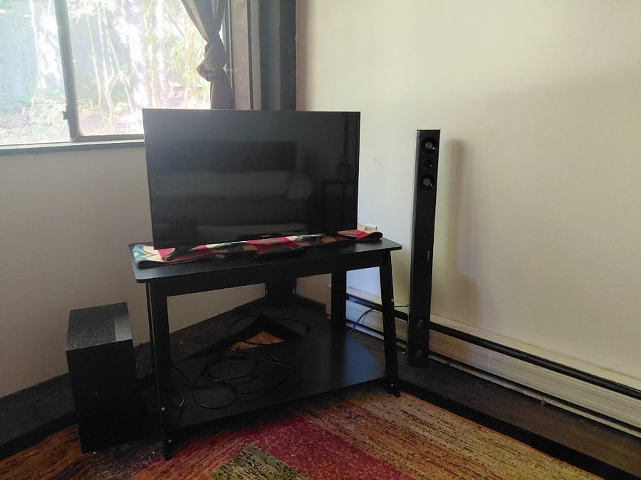 33 inch TV with soundbar and woofer. Noise isn't an issue.