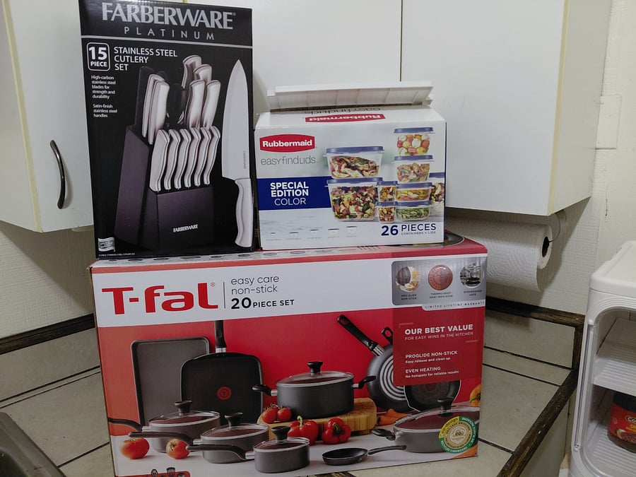 Full cookware and chef's knives sets. Lots of food storage. 20-spice rack. Food processor. Many small appliances and amenities for cooks.