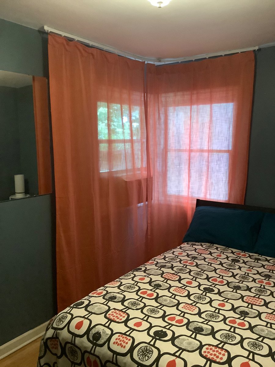 Windows face the quiet & shaded backyard area. They feature blinds as well as curtains, so you can adjust the light and privacy factor to your liking.